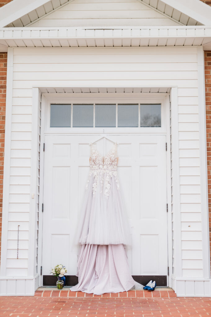 wedding dress against church