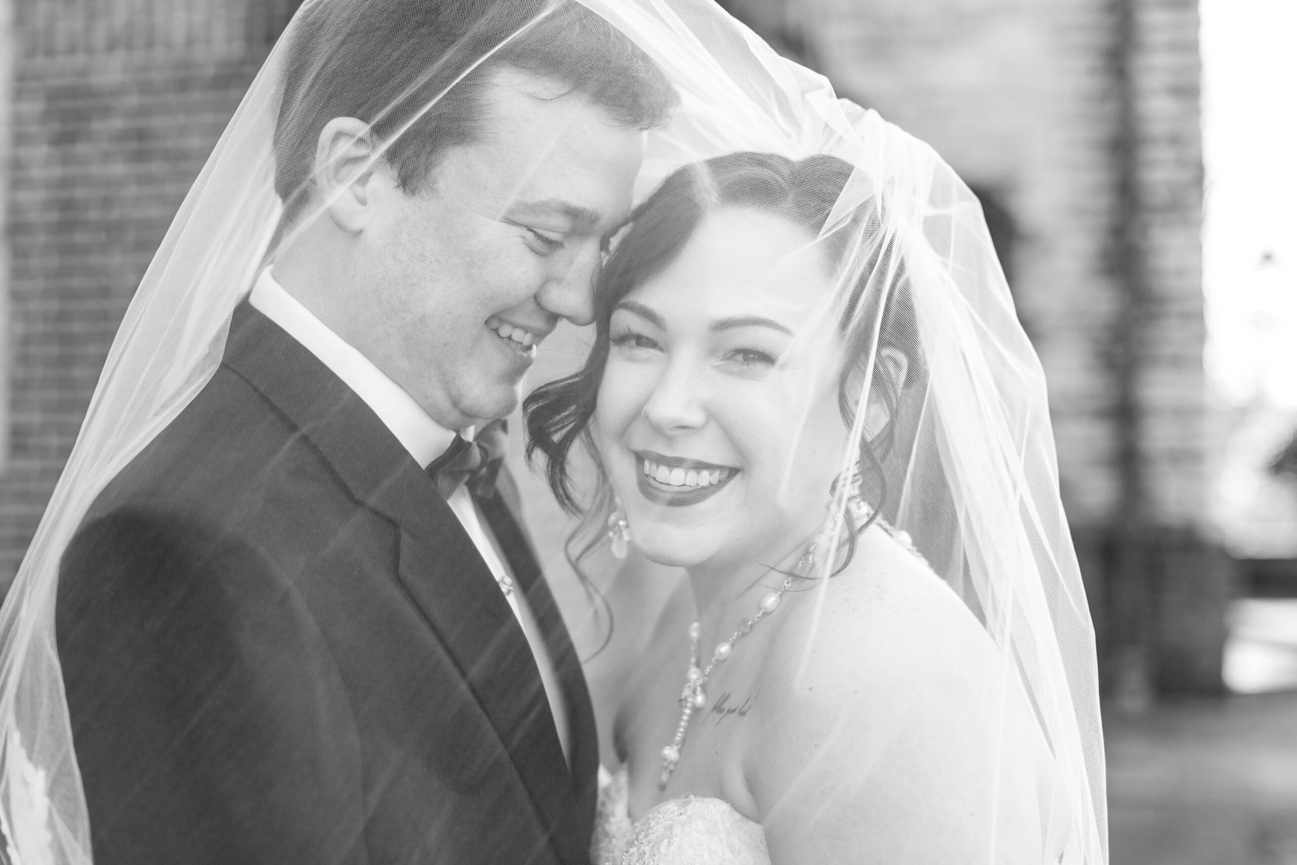 bride and groom smiling under veil