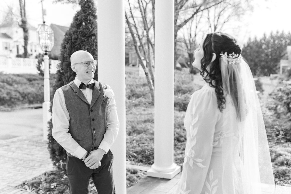 Groom sees his bride for the first time in an intimate first look