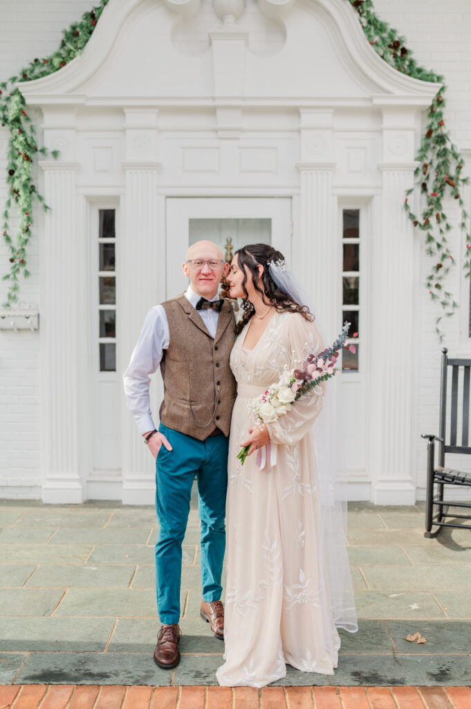 bride and groom in front of oakdale inn in martinsville virginia