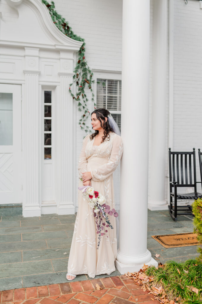 bride and groom in front of oakdale inn in martinsville virginia