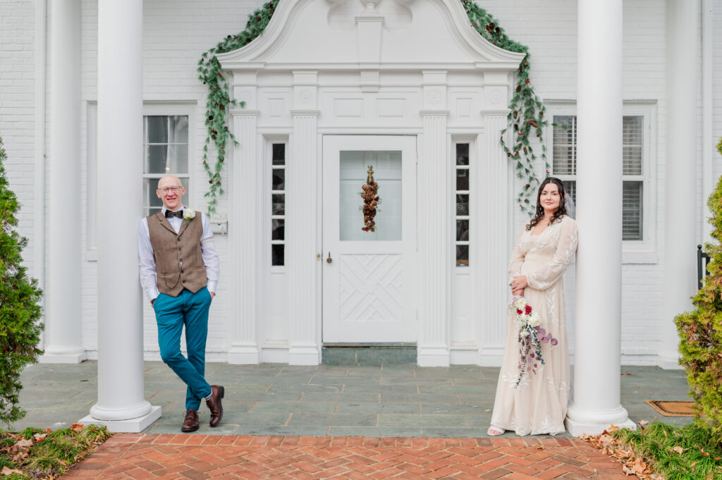 bride and groom in front of oakdale inn in martinsville virginia