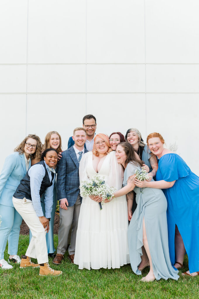 wedding party group hug