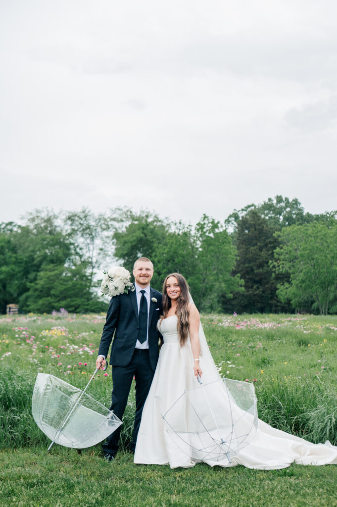 Bride and groom portraits flower field