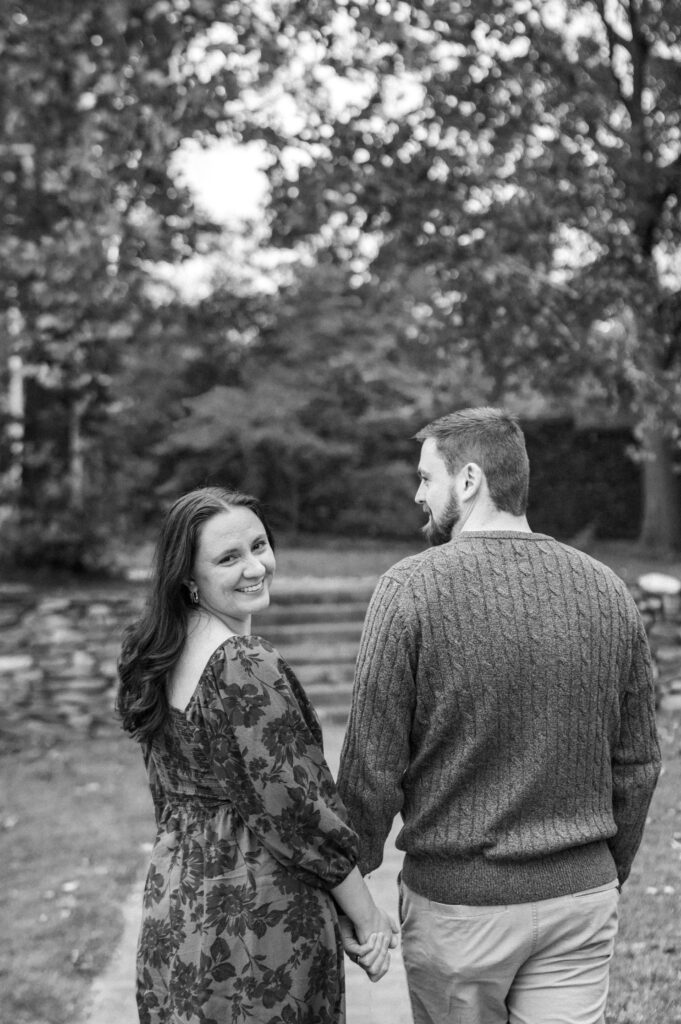 Old Salem fall engagement session black and white