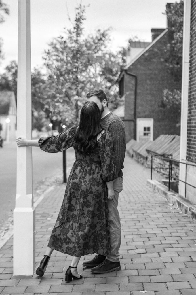 Downtown engagement photos black and white